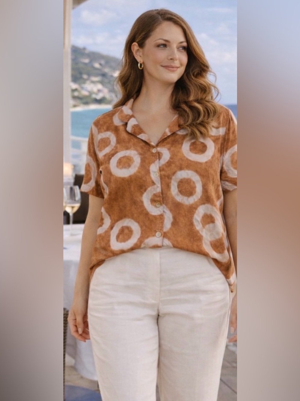 Mus & Bombon Barcelona Abstract Cinnamon Button-Up Womans Shirt Size L